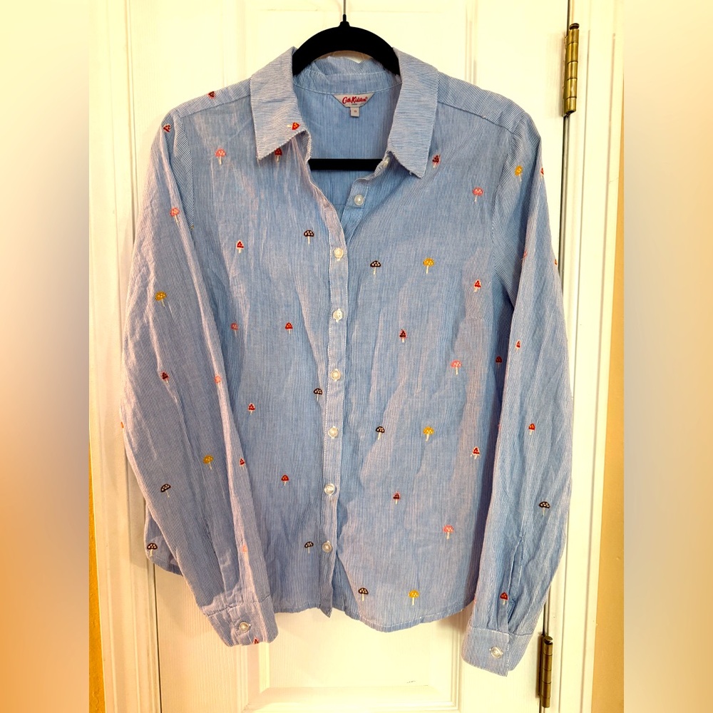 Cath Kidston Light Blue Shirt with Embroidered Mushrooms UK size 12